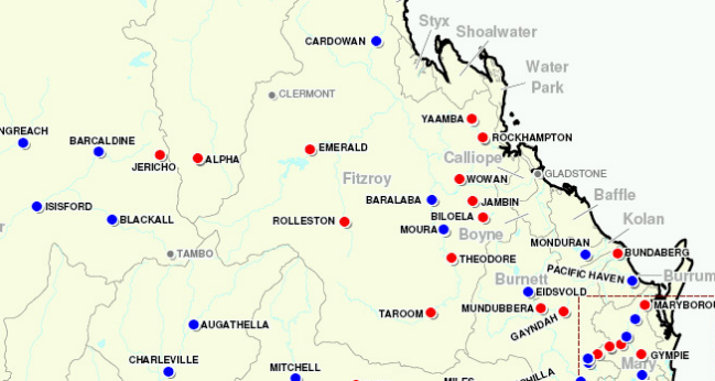 Location map - 2011 Rockhampton Flood (Red dots - flood inundated towns. Blue dots - flood affected towns)